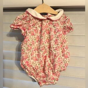 Tahari Baby Pink Floral Bubble Romper with White Peter Pan Collar